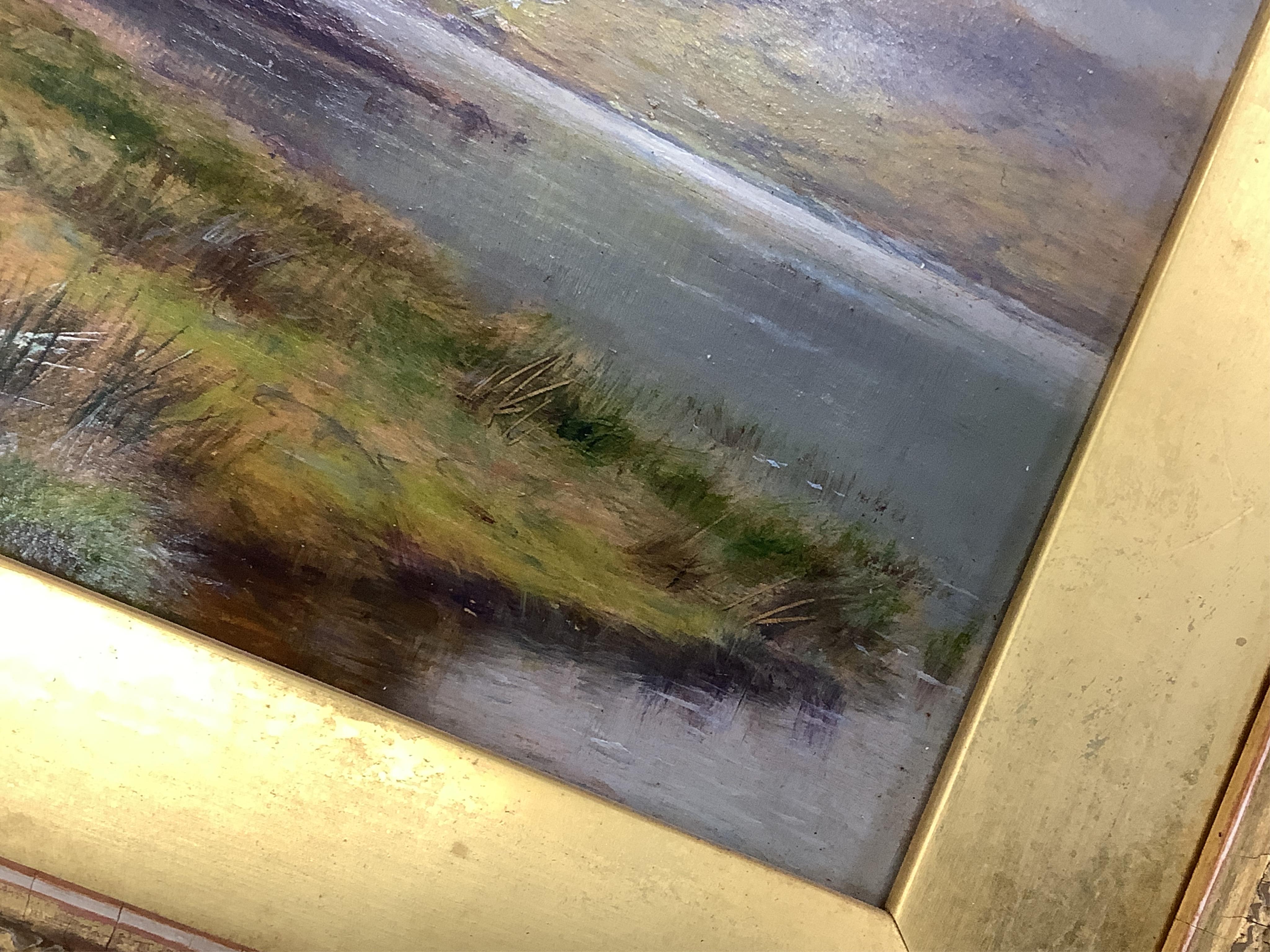 Louis Bosworth Hurt (1856-1929), Highland cattle by a loch, signed, oil on board, 12 x 23cm